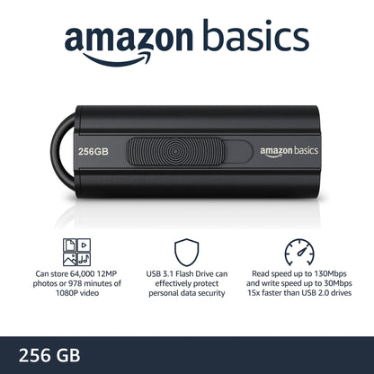 Amazon Basics 256 GB Ultra Fast USB 3.1 Flash Drive, High Capacity External Storage for Photos Videos, Retractable Design, 130MB/s Transfer Speed, Black