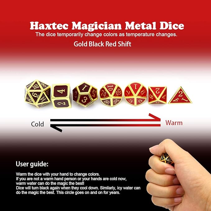 Haxtec Metal DND Dice Set Heat Sensitive Color Changing Metal Dice Polyhedral D&D Dice Compatible with Dungeons and Dragons RPG -Gold Black Red Shift