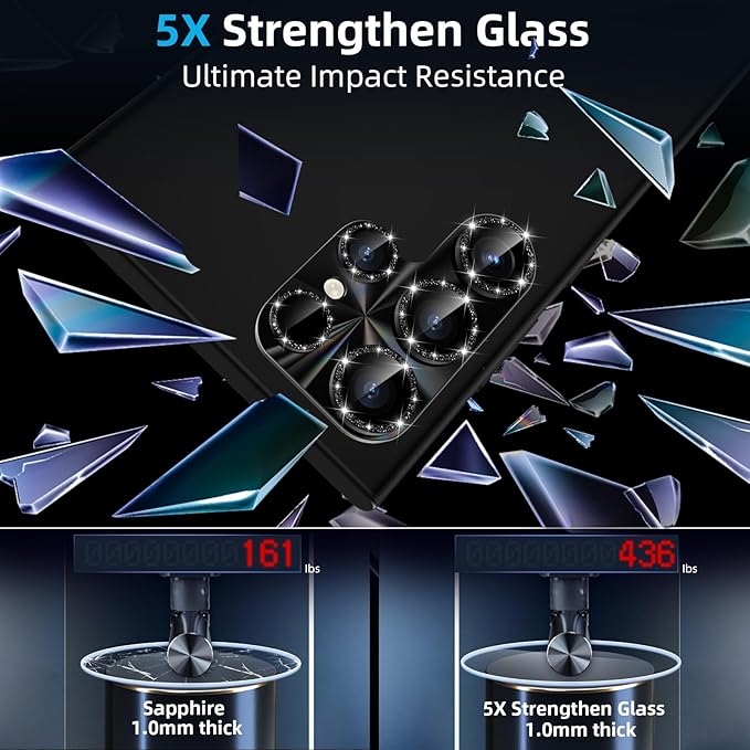 YWXTW Camera Lens Protector for Samsung Galaxy S24 Ultra, [Lithography Laser Gradient] [5X Strengthen] Bling Glitter Tempered Glass Screen Protector Metal Ring Camera Lens Cover (Titanium Black)