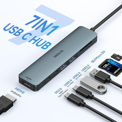 USB C Hub HDMI Adapter for MacBook Pro/Air, MOKiN 7 in 1 USB C Dongle with HDMI, SD/TF Card Reader, USB C Data Port,100W PD, and 2 USB 3.0 Compatible for MacBook Pro/Air, Dell XPS, Lenovo Thinkpad.
