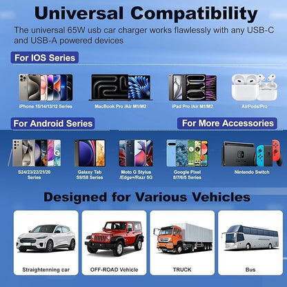 65W Car Phone Charger USB C, 5 Pack 4-Port Cigarette Lighter Adapter, 12V USB C Fast Car Charger Type C Car Adapter, Car Accessories for iPhone 16E 16 15 14 13 12 Pro Max,Galaxy,Pixel,iPad,Android