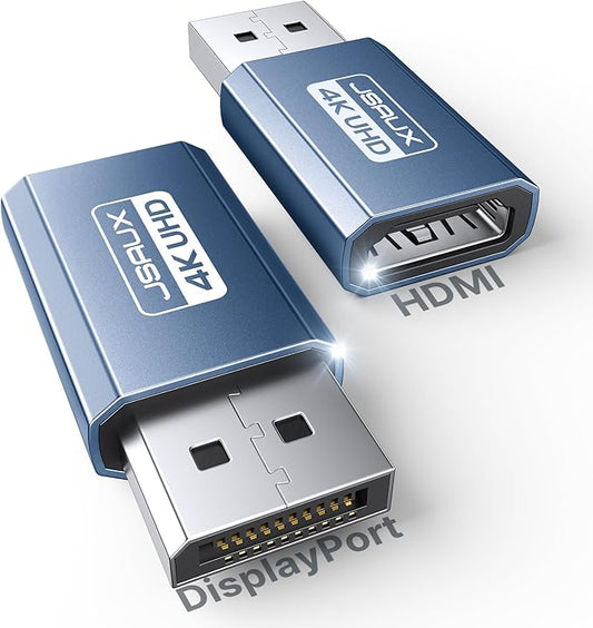 4K DisplayPort to HDMI Adapter 2-Pack, JSAUX DP PC to HDMI Monitor Converter Video UHD 2K@120Hz,4K@30 DP to HDTV Male to Female Uni-Directional adapter Compatible with Dell, Lenovo, HP,GPU, AMD -White