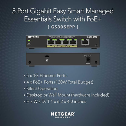 NETGEAR 5 Port PoE Gigabit Ethernet Easy Smart Managed Essentials Switch (GS305EPP) - with 4 x PoE+ @ 120W, Desktop or Wall Mount