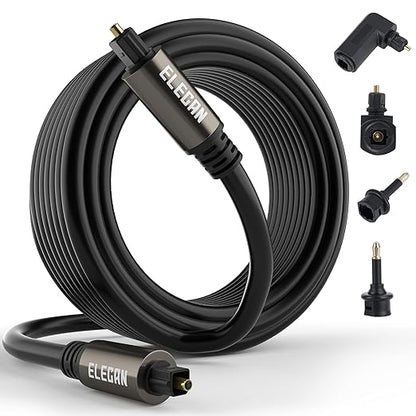 Elecan Optical Audio Cable 200 Ft Digital Audio Toslink Cable Cord-Fiber Optic-Gold Plated-Flexiable&Durable-for Home Theater,Sound Bar,PS4&Xbox-with 4 Right Angled and Mini Toslink Adapters+Ties