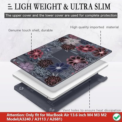 CISSOOK Compatible with MacBook Air 13.6 inch Case 2022 2023 2024 2025 Model A2681 A3113 A3240, Plastic Hard Case with Keyboard Cover Screen Protector Type C Adapter, Texture Flowers