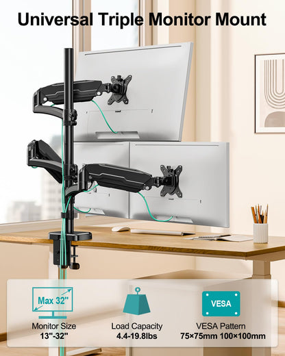 MOUNT PRO Triple Monitor Mount for Max 32" Computer Screen, Adjustable 3 Monitor Desk Mount, up to 19.8lbs Each, Three Display Arm with Tilt Swivel Rotation, VESA Mount 75x75/100x100mm