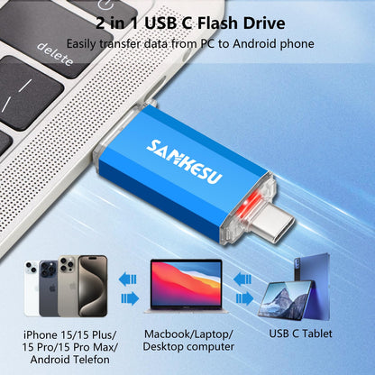 SANKESU 512GB USB C Flash Drive 2 in 1 OTG USB 3.0,USB-A & Type-C Thumb Stick, Dual Memory Sticks Compatible with PC Laptop Type C Cell Phone and Tablet (Blue)