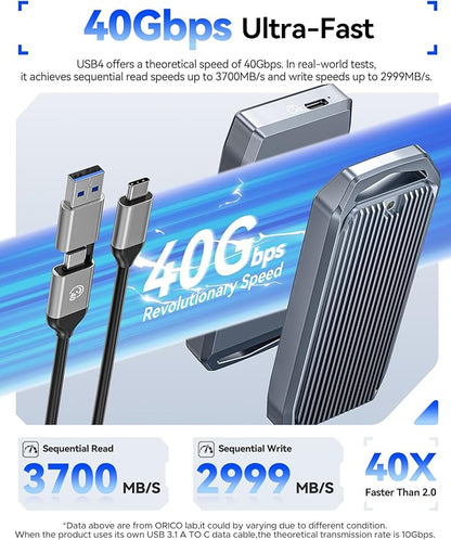 ORICO USB4 40Gbps M.2 SSD Enclosure, Supports Up to 8TB M.2 NVMe SSDs, Finned Aluminum Alloy Case, USB-C to USB-A&C 2-in-1 Cable, Plug and Play, Compatible with Thunderbolt 3/4, USB 3.2/3.1/3.0- M2V01