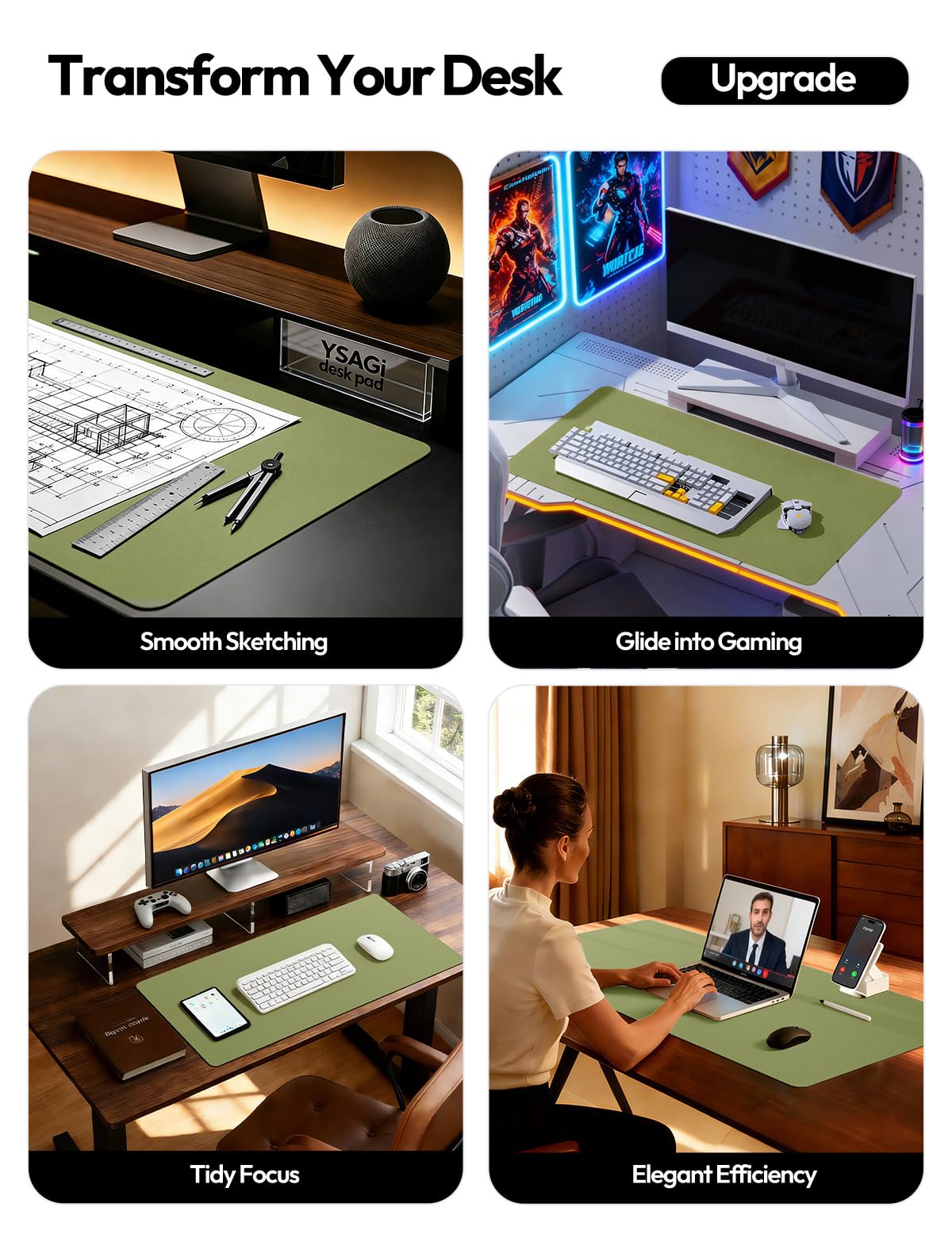 YSAGi Leather Desk Protector, Office Mat, Large Mouse Mat, Non-Slip PU Leather Blotter, Laptop Desk, Waterproof Writing Pad for Office and Home (Green, 47.2" x 23.6")