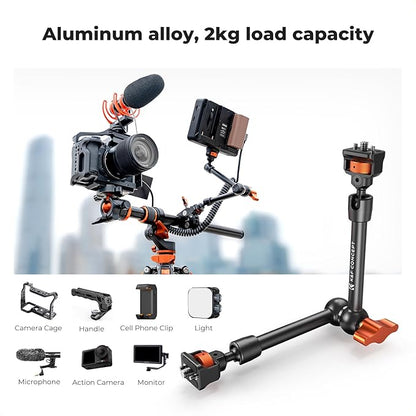 K&F CONCEPT 11" Magic Arm 1/4" Screw 360° Ball Heads Articulating Friction Camera Arm Mount for Monitor, LED Light, Webcam, Microphone, Camera Cage