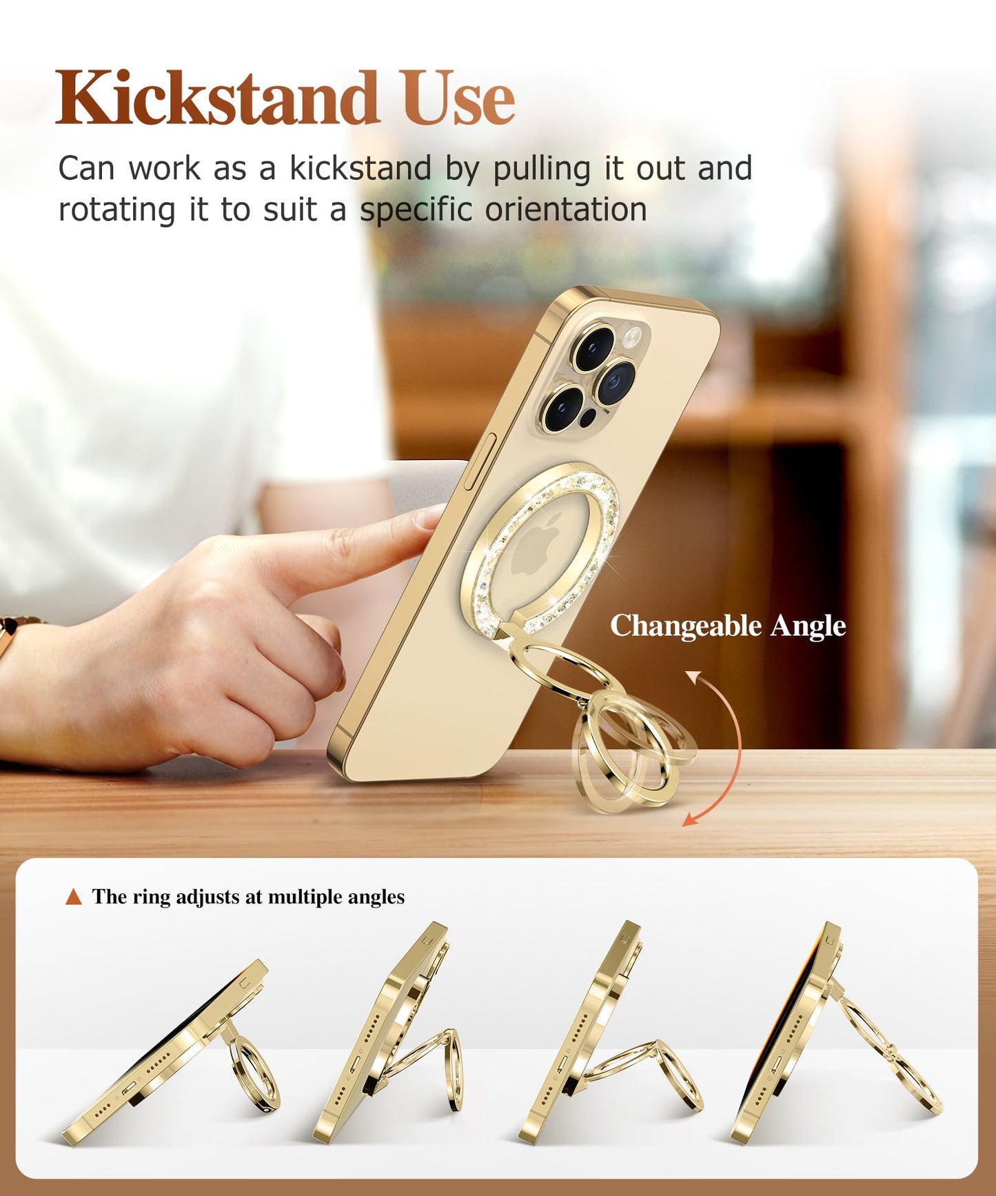GVIEWIN Magnetic Phone Ring Holder, Compatible with MagSafe Phone Grip with Adjustable Stand, Magnet Phone Ring Kickstand for iPhone 17/16/15/14/13/12 Pro Max Plus Air/Other Phones (Glitter/Gold)