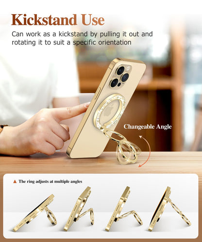 GVIEWIN Magnetic Phone Ring Holder, Compatible with MagSafe Phone Grip with Adjustable Stand, Magnet Phone Ring Kickstand for iPhone 17/16/15/14/13/12 Pro Max Plus Air/Other Phones (Glitter/Gold)