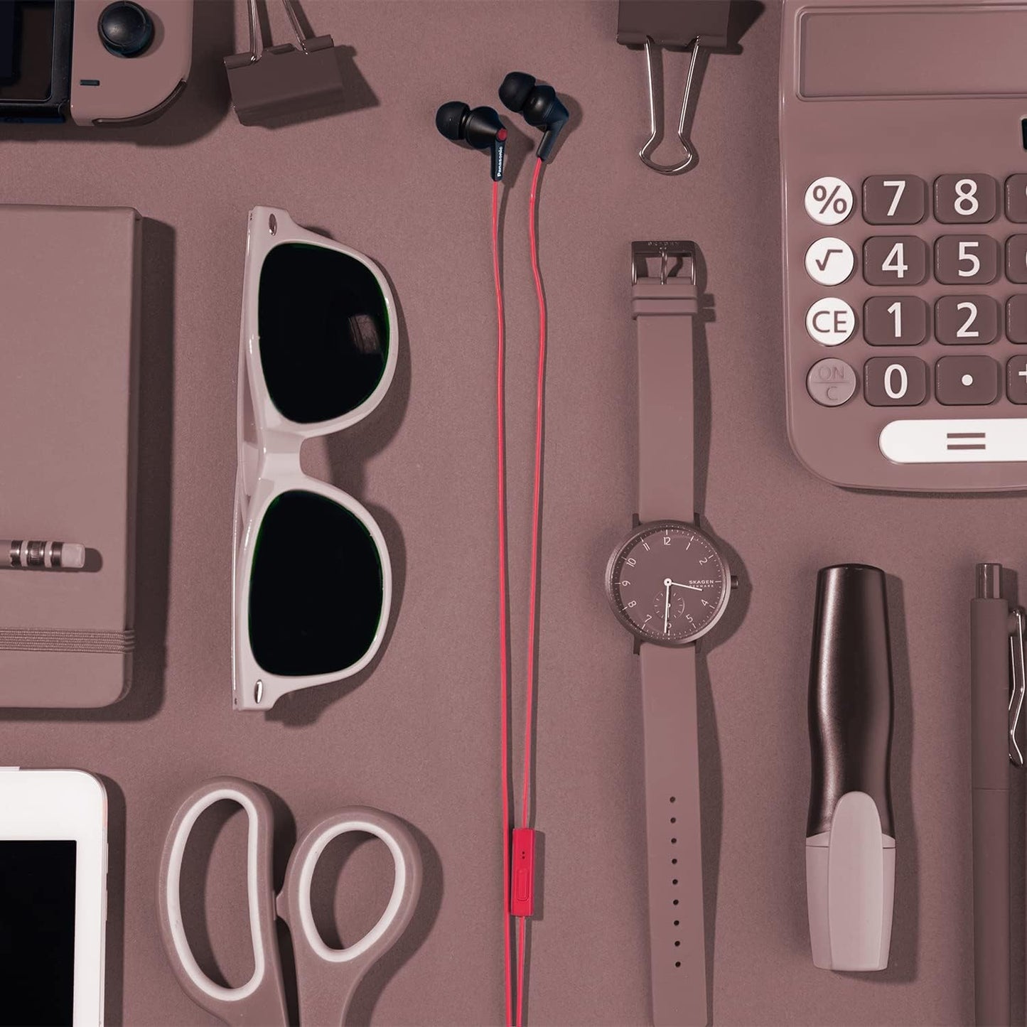 Panasonic ErgoFit Wired Earbuds with Microphone, 3.5mm Jack Headphones with Mic and Call Controller, Ergonomic Custom-Fit Earpieces (S/M/L), for Phones and Laptops - RP-TCM125-KB (Matte Black/Red)