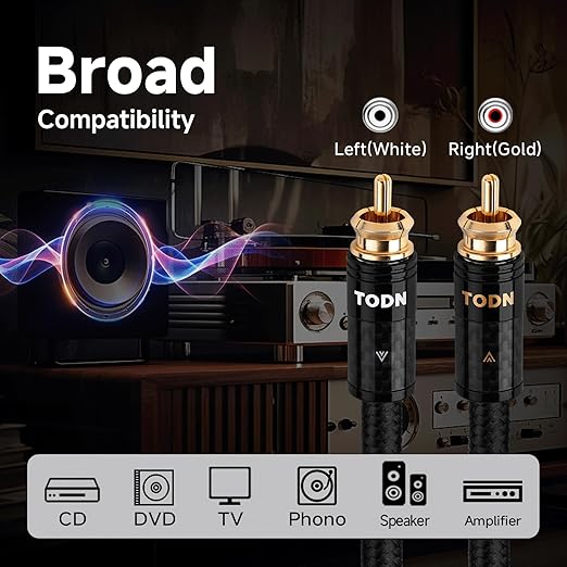 TODN Hi End RCA Cables Audiophile RCA to RCA Stereo HiFi Audio Cable for Car, Speakers,Amps (4.9 ft/1.5 m, 1 Pair)