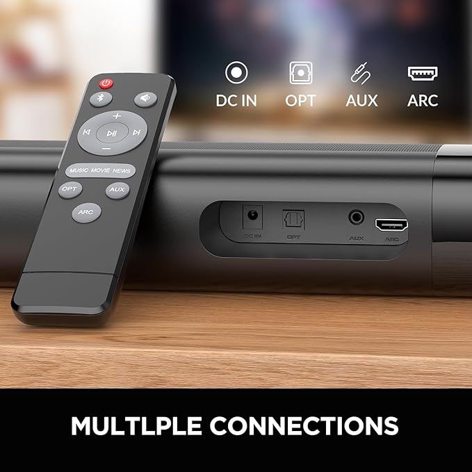 Sound Bar for Smart TV, Soundbar with Bluetooth/ARC/Opt/AUX Connect, Auto Volume Boost, 3 Equalizer Modes, 2 in 1 Detachable Soundbar for TV/PC/Gaming/Projectors