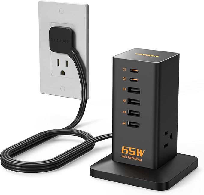 USB Charging Station for Multiple Devices PD 65W, TESSAN 9-in-1 USB C Charger Block for iPhone 16/15, MacBook, Tablet, Type C Desktop Charger with 3 AC, Home Travel Office Accessories