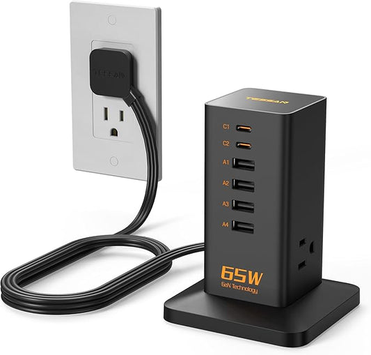 USB Charging Station for Multiple Devices PD 65W, TESSAN 9-in-1 USB C Charger Block for iPhone 16/15, MacBook, Tablet, Type C Desktop Charger with 3 AC, Home Travel Office Accessories