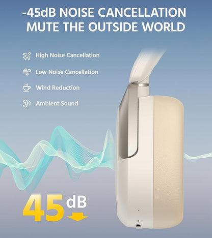 Edifier W830NB Wireless Over Ear Headphones with -45dB Active Noise Cancelling, 94H Playtime, LDAC Hi-Res Sound, Spatial Audio, Fast Charging, Multipoint Connection, Bluetooth V5.4 - Ivory