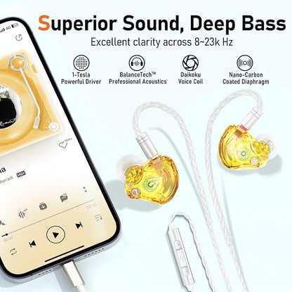 Vibes 202ML Wired Earbuds - HiFi in Ear Headphones - Noise-Isolating Ear Buds w/ Mic - Clear Sound, Deep Bass, Comfort-Fit Earphones - MMCX–Lightning for iPhone 5–14, Silver Plated Cord, Carrying Case