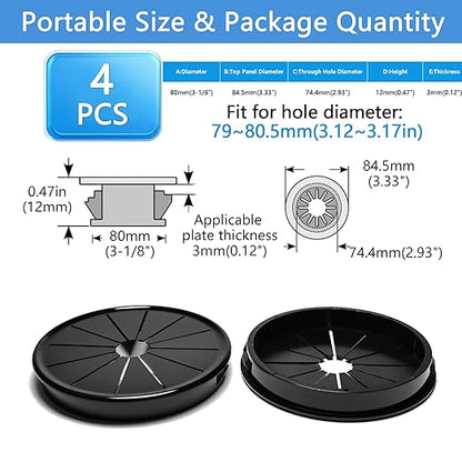 4 Pcs Cable Grommet, Snap Bushing 3-1/8" (80 mm) Mounting Diameter, Flexible Petal-Shaped Buckle Round Nylon Desk Grommet for Wires Through Countertop Cord Organizer and Protection, Black