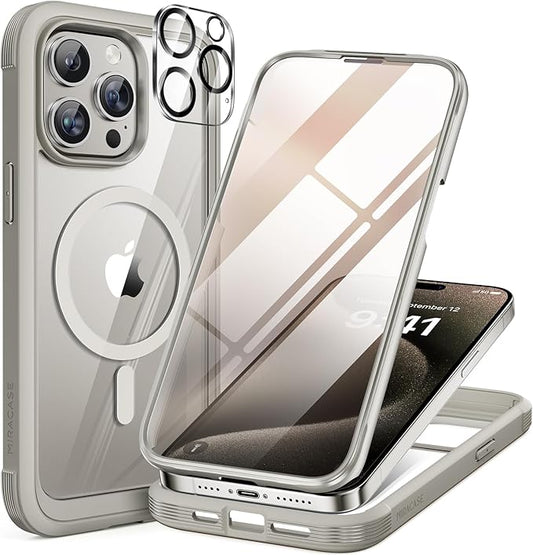 Miracase Magnetic for iPhone 15 Pro Max Case 6.7'' [Compatible with Magsafe] Full-Body Drop Proof Phone Case for iPhone 15 Pro Max with Built-in 9H Tempered Glass Screen Protector,Grey Titanium