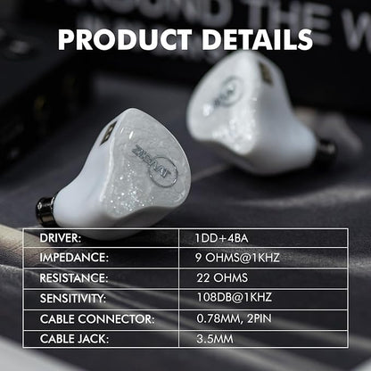 Linsoul ZiiGaat x Fresh Reviews Arete in Ear Monitor, 1DD+4BA Hybrid Earphone IEM, Wired Gaming Earbuds, Studio Monitor Tunning, with Detachable IEM Cable for Musician Audiophile (White)