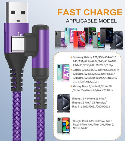 sweguard USB Type C Charger Cable Right Angle [2-Pack,10FT] iPhone 16 Charger Nylon Braided Cord for iPhone 15 16 Pro Max Samsung Galaxy S25 S24 S23 S22 S21 S20 S10 S9 Note A15 A55 Flip Pixel LG Moto