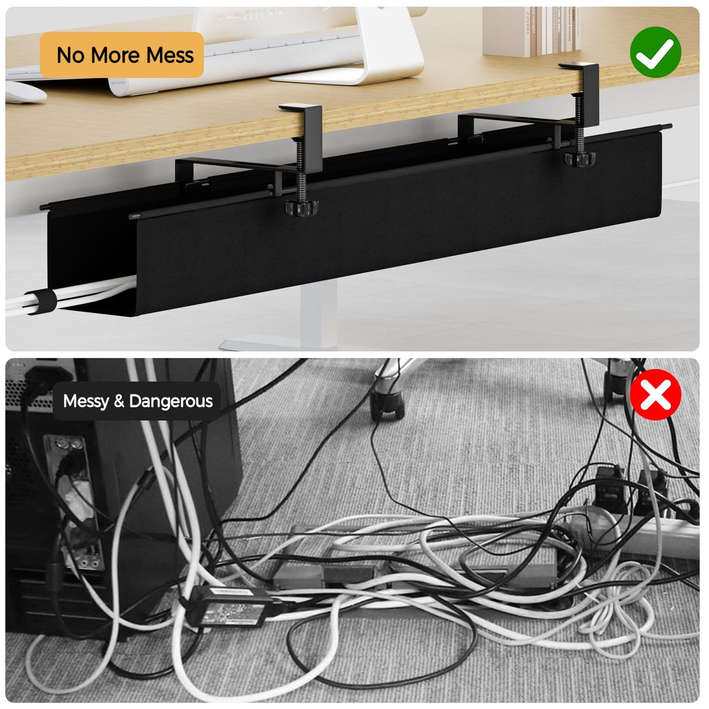 Under Desk Cable Management Tray 39.7" - No Drill Computer Wire Organizer Cable Tray, Cord Hider Clamp Mount with 16X Cable Ties PC Cables Management Cord Holder for Office/Home (Upgrade Fabric,Black)