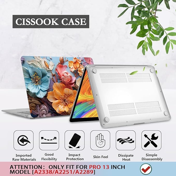 CISSOOK Compatible with MacBook Pro 13 Inch Case 2025 2024 2023 2021 2020 Release M2 M1 A2338 A2289 A2251, Hard Shell Case & Keyboard Cover for MacBook Pro 13 with Touch Bar, Silk Flowers
