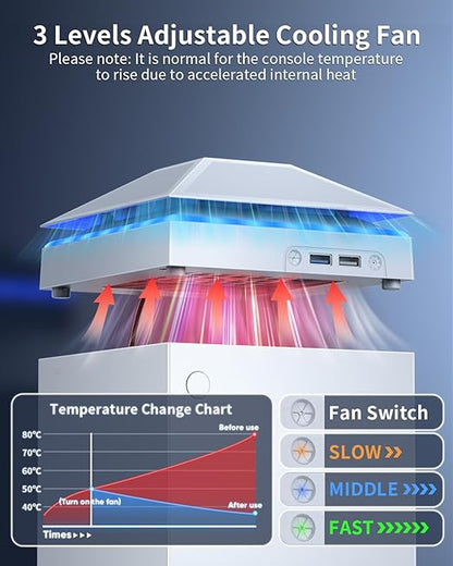 Cooling Fan Dust Proof for Xbox Series X Console with Colorful Light Strip,Dust Cover Filter,Rubber Dust Plugs,Low Noise Top Fan with 3 Gears,Cooler&Light Independent Touch Switch, 2 USB Port (White)