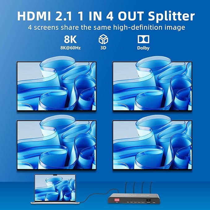 8K HDMI Splitter 1 in 4 Out,with EDID, 3D Stereo, 12-bit Deep Color, 48Gbps, Plug & Play, HDMI Splitter for Windows, Mac, Linux, Projectors, Laptops, Desktops (SP104SKE)