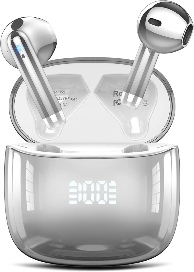 Wireless Earbuds, Bluetooth Headphones 48H Playtime Ear Buds with LED Power Display, IPX7 Waterproof Bluetooth 5.4 Earphones in-Ear Earbuds with 4 Mic for Android iOS Cell Phone Laptop, Silver