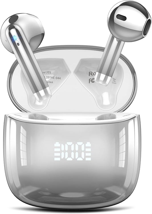 Wireless Earbuds, Bluetooth Headphones 48H Playtime Ear Buds with LED Power Display, IPX7 Waterproof Bluetooth 5.4 Earphones in-Ear Earbuds with 4 Mic for Android iOS Cell Phone Laptop, Silver