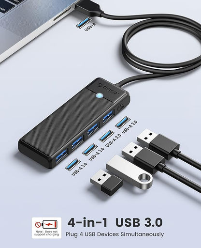 USB 3.0 Hub, ORICO 4-Port USB Hub with 3.3FT Long Cable, Ultra Slim USB Splitter for Laptop for MacBook, Mac Pro, iMac, Surface Pro, XPS, PS5，PC, Flash Drive, Mobile HDD(Black/3.3ft)