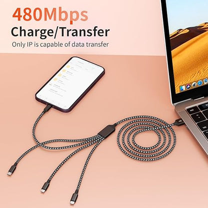 Multi Charging Cable,Dual Type-C Multiple Charger Cable Nylon Braided 4 in 1 Multi USB Cable Charging Cord with IP/Type C/Micro USB Ports for Cell Phones/iPhone/Tablets/Samsung Galaxy & More-1Pack 5Ft