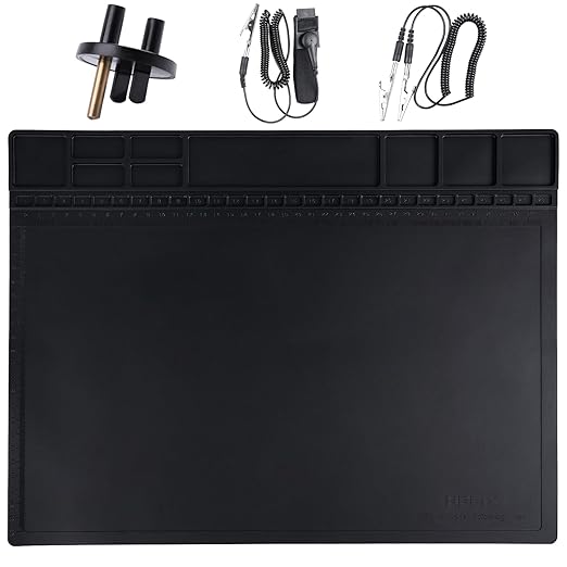 Premium Heat Resistant 932°F Anti Static Mat, HPFIX ESD Mat with Grounding Wire, Grounding Plug, and ESD Wristband, Silicone Soldering Repair Mat for Computer, PC Building, Eelectronics