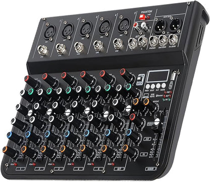 7 Channel mixer, DJ Mixer Board with Bluetooth and Usb, Audio Sound Card with Interface Recording and 48V Phantom Power, Sounds Mixer Board with FX Reverb Delay Effect for Streaming