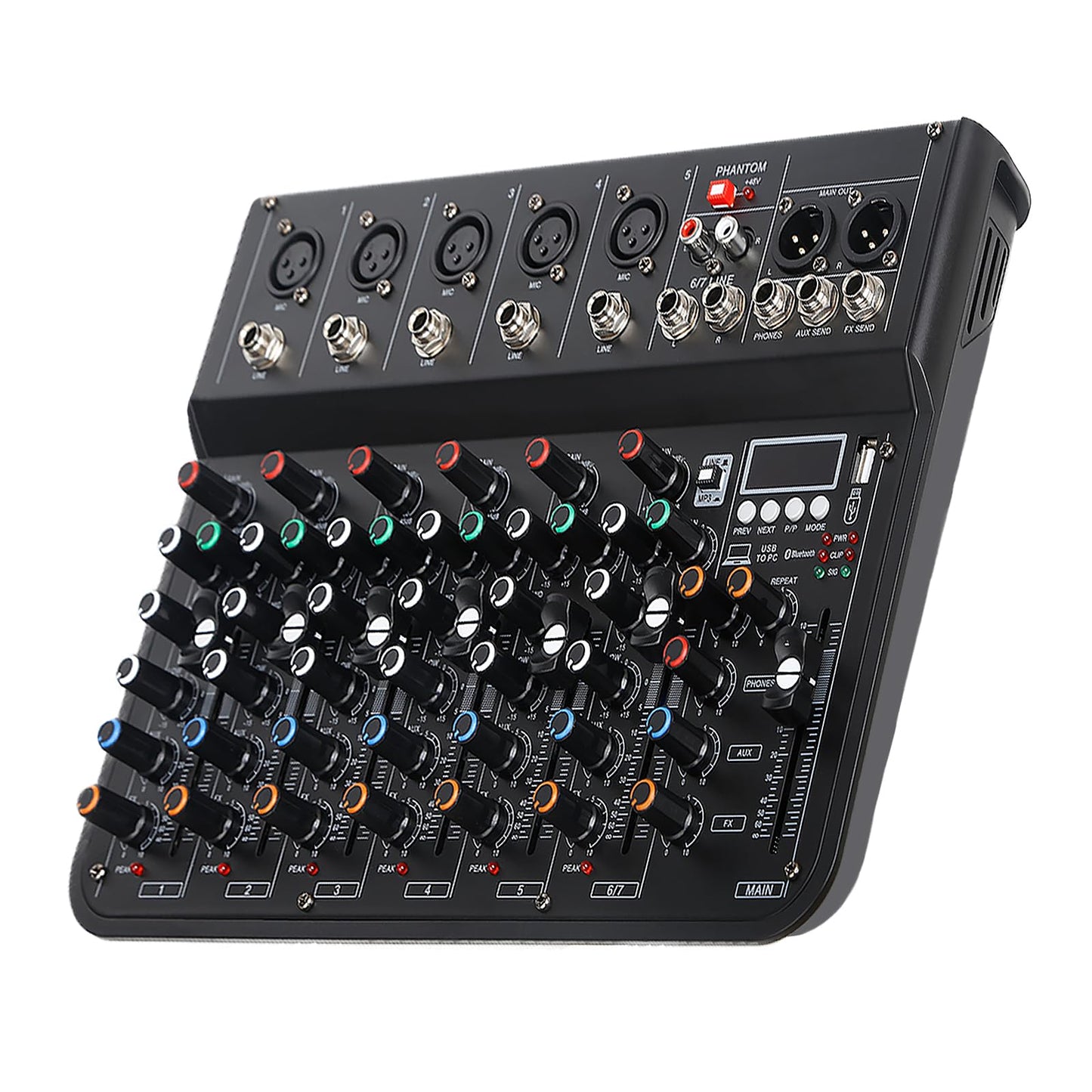 Jindaaudio 7 Channel mixer, DJ Mixer Board, Audio Sound Card with Interface Recording and 48V Phantom Power, Sounds Mixer Board with FX Reverb Delay Effect for Streaming