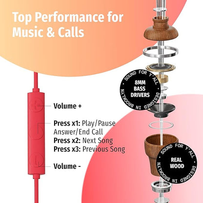 Symphonized Premium Wooden iPhone Earphones Wired (USB C) Deep Bass Sound, 3D Sound, Microphone Volume Control, 90% Noise Cancelling for Type C Devices. Earphones for iPhone 15 to 16 & Android