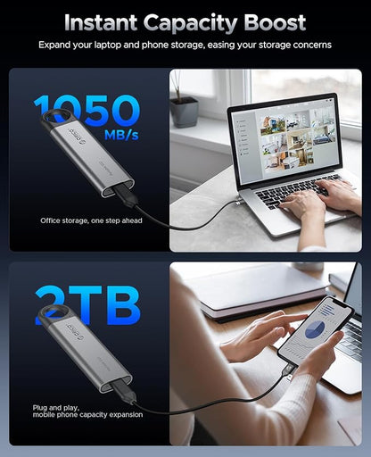 ORICO 2TB External SSD Up to 1050MB/s, Hanging Hole Design Portable Solid State Drive, USB C&A 2 in 1 Cable, Reliable Storage for Type-C Smartphone, Tablets, Laptops - C10