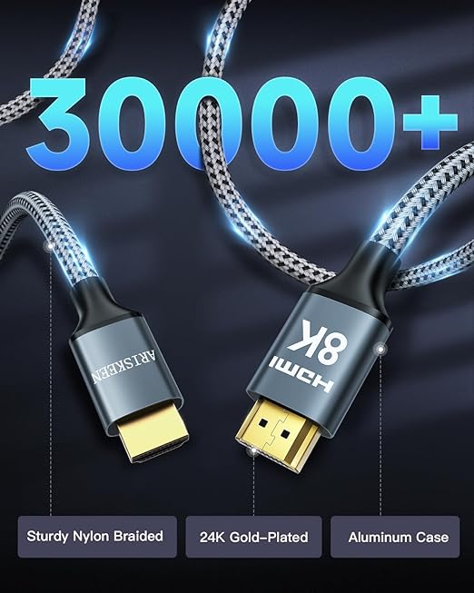 ARISKEEN 8K HDMI Cable 50FT, 48Gbps High Speed HDMI 2.1 Cable, 8K 60Hz, 4K 120Hz 144Hz Support for HDR 10, HDCP 2.2 2.3, eARC, DTS:X, Braided HDMI Cord Compatible with Laptop/HDTV/Monitor - 50 Feet