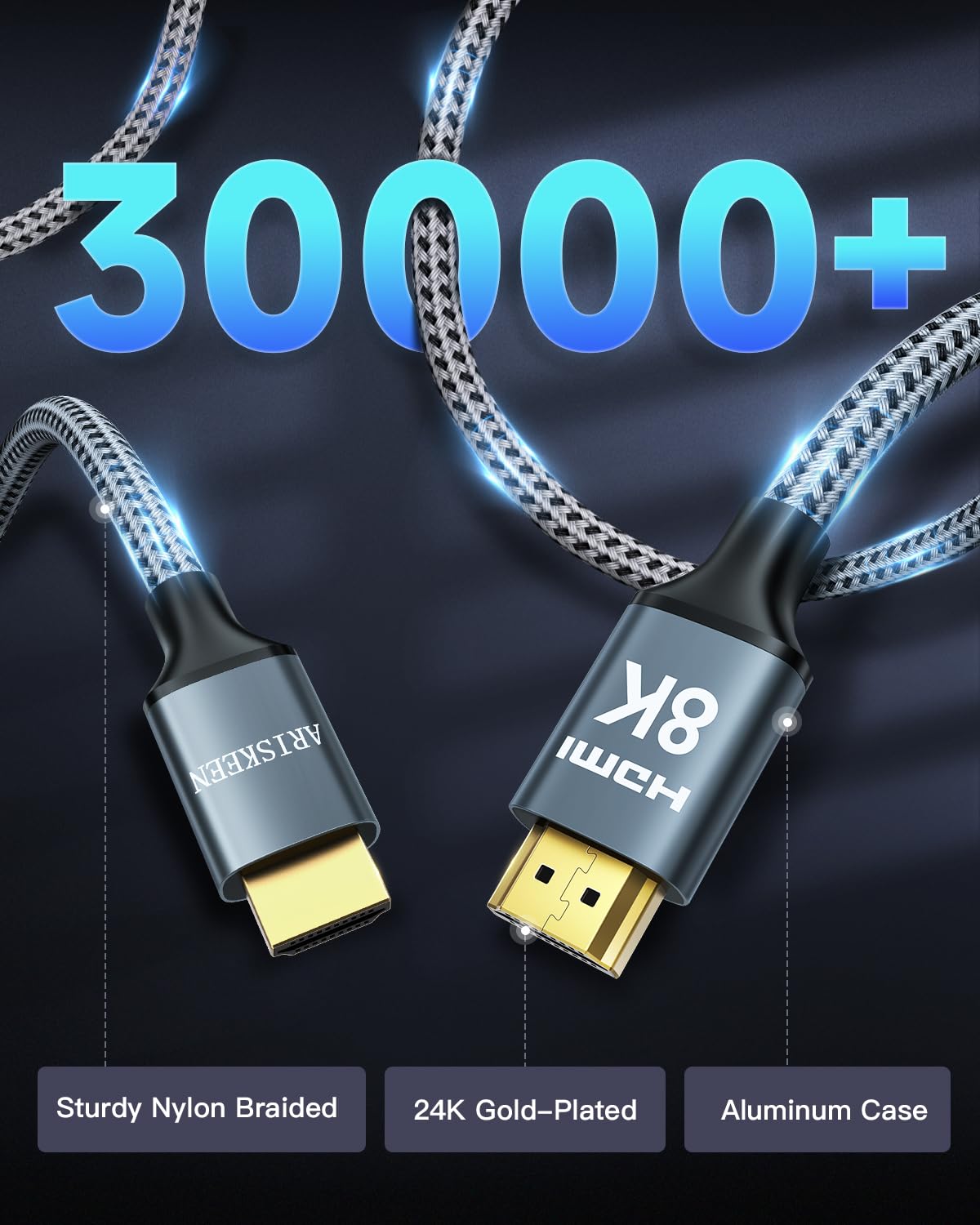 ARISKEEN 8K HDMI Cable 13 FT, 48Gbps High Speed HDMI 2.1 Cable, 8K 60Hz, 4K 120Hz 144Hz Braided HDMI Cord - 13 Feet