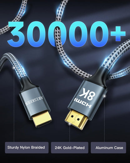 ARISKEEN 8K HDMI Cable 13 FT, 48Gbps High Speed HDMI 2.1 Cable, 8K 60Hz, 4K 120Hz 144Hz Braided HDMI Cord - 13 Feet