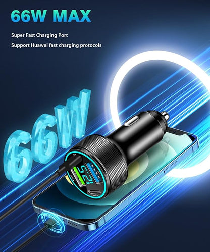 2 Packs of 66W USB C Car Charger 4 Port Car Charger Adapter with 30W PD, 3.1A Aluminium Alloy Car Cigarette Lighter USB Charger with LED Voltmeter Compatible with Phone 15 14 13