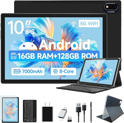2025 Latest Android Tablet 10.1 Inch, 5G WiFi Tablets Mit 16GB RAM+128GB ROM(1TB TF),2 in 1 Tablet with Keyboard Mouse Pen-Octa-Core2.0Ghz | 7000mAh | 1080FHD | 13MP Camera | WLAN GPS -Black