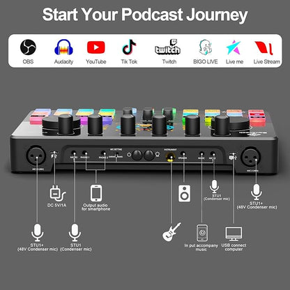 Podcast Equipment Bundle for 2 with Dual XLR-3.5 Condenser Micophones with Mic Pop Filters Audio Equipment for Live Streaming/ Recording, Online Gaming for Phone/ Laptop/ PC Audio Interface M100