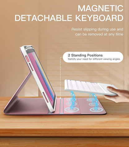 MoKo Touch Keyboard Case for iPad (A16) 11th Generation 11 inch 2025, iPad 10th Generation 10.9 inch Case with Pencil Holder, 7 Colors Backlit Multi-TrackPad Detachable Bluetooth Keyboard,Nosegay Pink