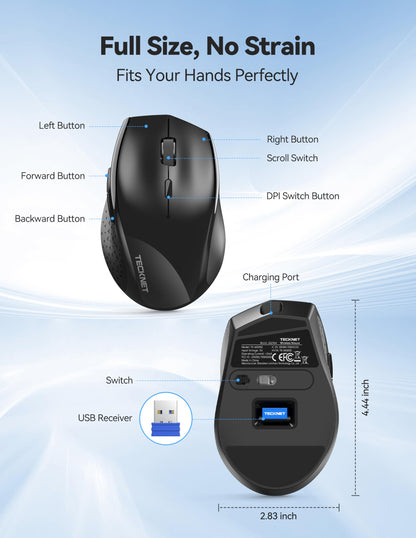 TECKNET Rechargeable Mouse,2.4 GHz Ergonomic Silent Mice with 6 Buttons