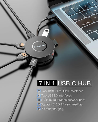 Getatek USB C Hub, 7 Ports Multiport Adapter with Dual HDMI Adapter, Type-C 100W PD Charging, 2* USB 3.0,Gigabit Ethernet, Card Reader, USB-Dongle for MacBook Pro/Air (USB C Dock Dual HDMI)