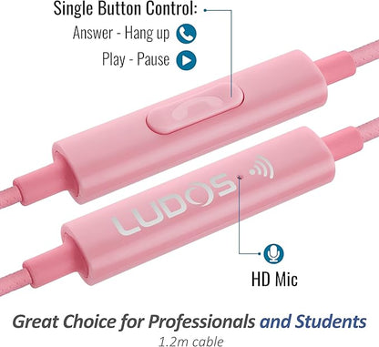 LUDOS Clamor Wired Earbuds in-Ear Headphones, 5 Years Warranty, Earphones with Microphone, Noise Isolating Ear Buds, Memory Foam for iPhone, Samsung, School Students, Kids, Women, Small Ears - Pink